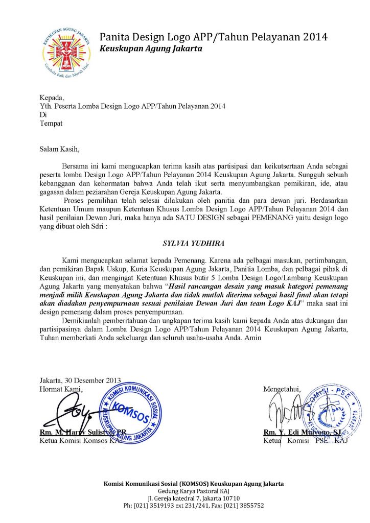 Surat Pemberitahuan Pemenang Lomba Design Logo APP-Tahun Pelayanan 2014